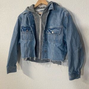 Abercrombie & Fitch Blue denim distressed cropped jacket with built in hoodie